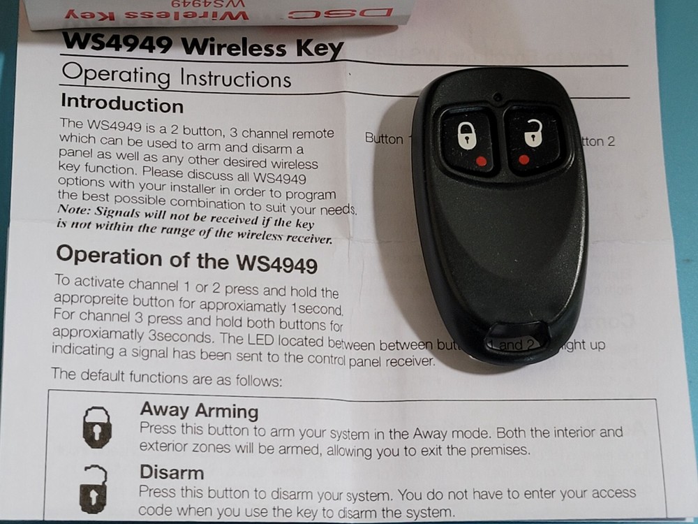 DSC WS4949 Wireless 433mhz 2-button, 3-channel wireless key
