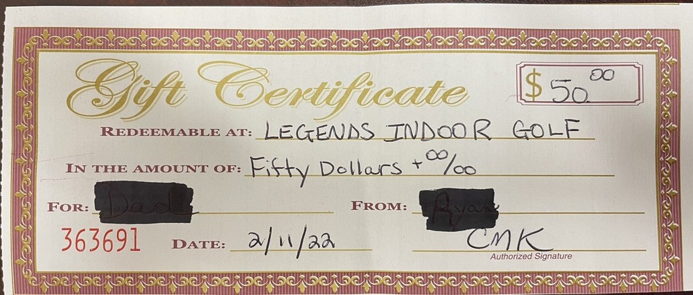 Legends Indoor Golf Gift Certificate.  $50 Value