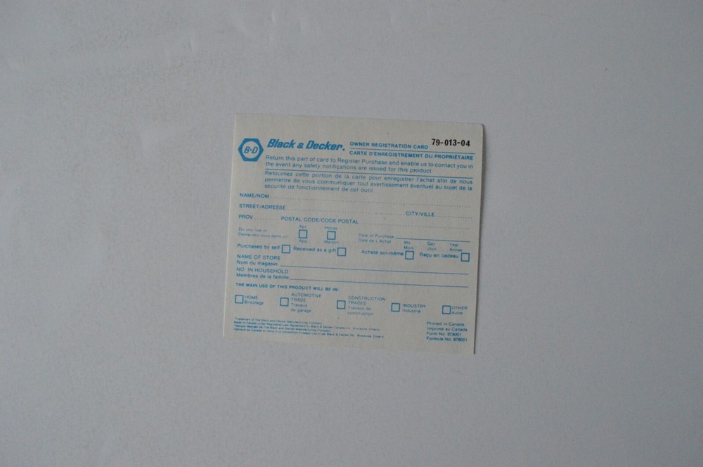BLACK & DECKER Owner Registration Card 1970s
