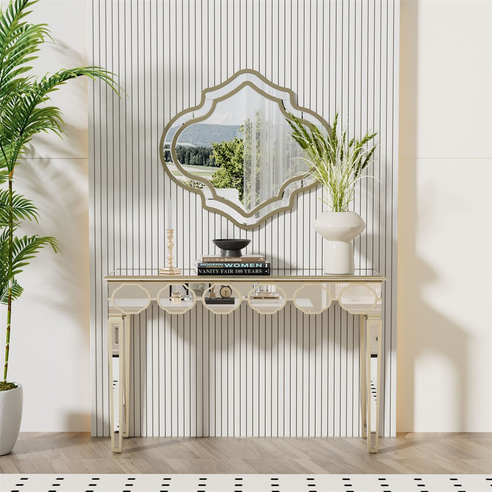 Delicate Mirror Console Table Gold Trim Vanity Table with Stable Tapered Legs