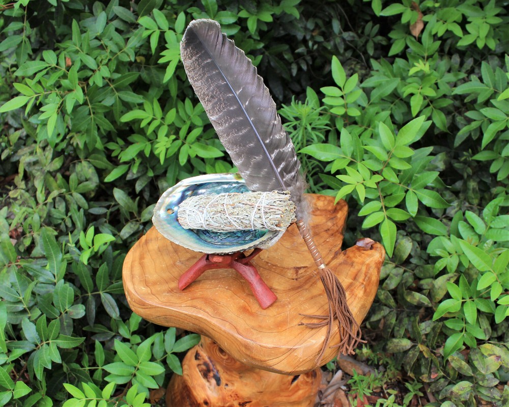 Blue Smudge Kit: Abalone Shell, Stand, Deluxe Feather, Sage, Smudging Directions