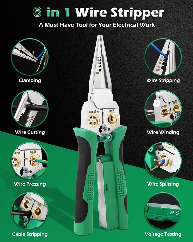 8 In 1 Wire Stripper, Stripping Tool with Voltage Tester, Cable Green
