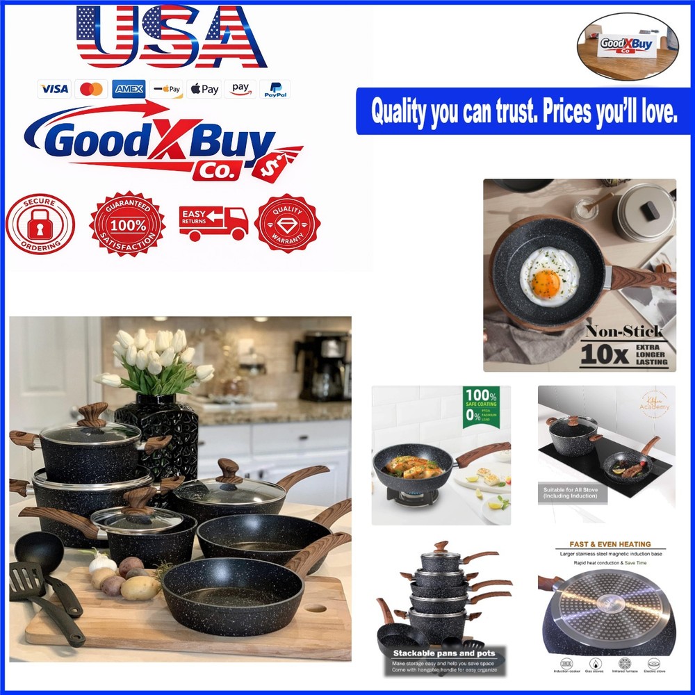 12-Piece Nonstick Granite Cookware Set Induction Compatible Black with Lids &...