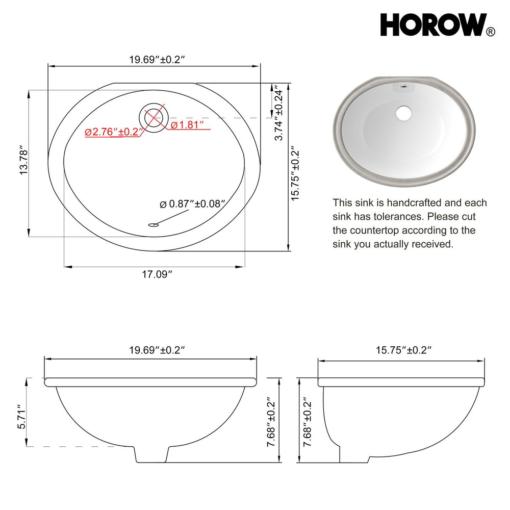 HOROW Wash Basin Sink Undermount Bathroom Sink CeramicVessel Sink Rectangular