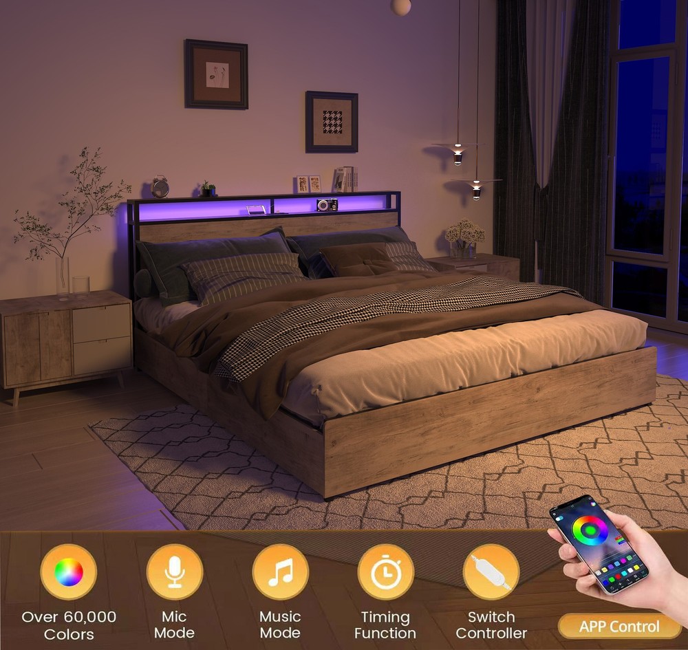 Full Bed Frame, Storage Headboard with Charging Station, Solid and Stable,