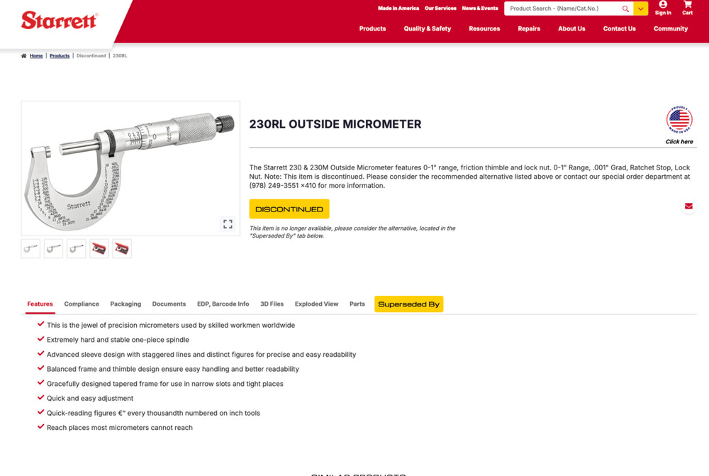 STARRETT 230RL 0-1" .001" OUTSIDE MICROMETER