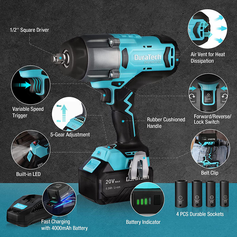 DURATECH 20V Cordless Impact Wrench Sets 1/2" Brushless Impact Driver 600 Ft-Lbs