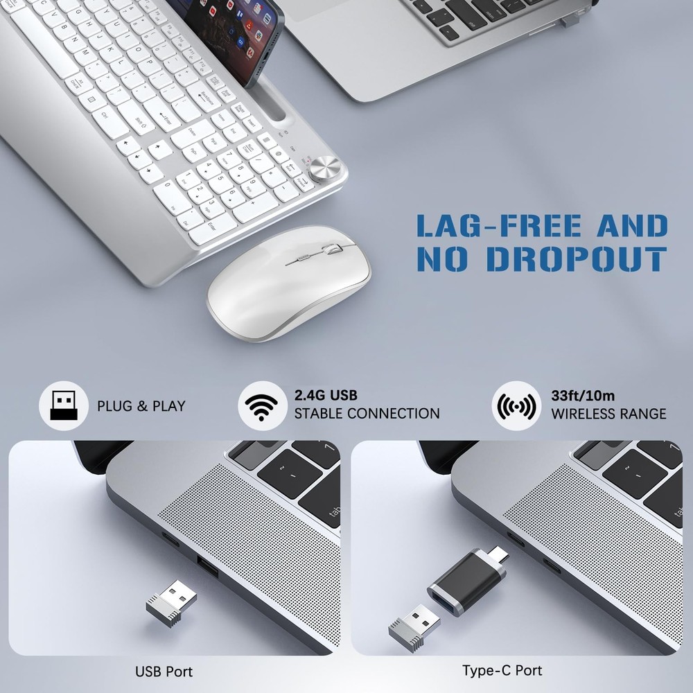 Ergonomic Wireless Keyboard Combo with Holder, Wrist Rest, Volume Control