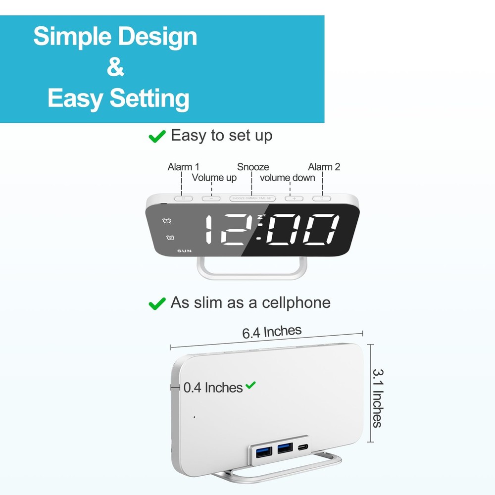 Slim LED Digital Alarm Clock, Mirror Surface for Makeup, with Diming, Large D...