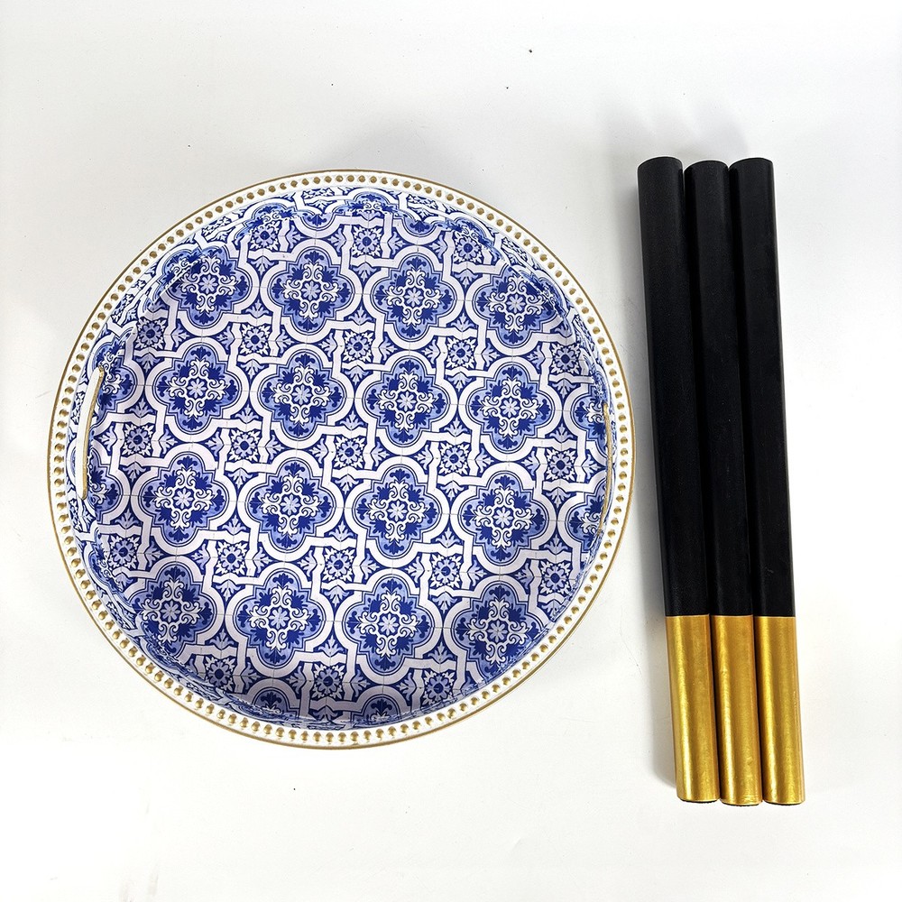 Round Accent Side Table Blue White Pattern Gold Trim Removable Legs