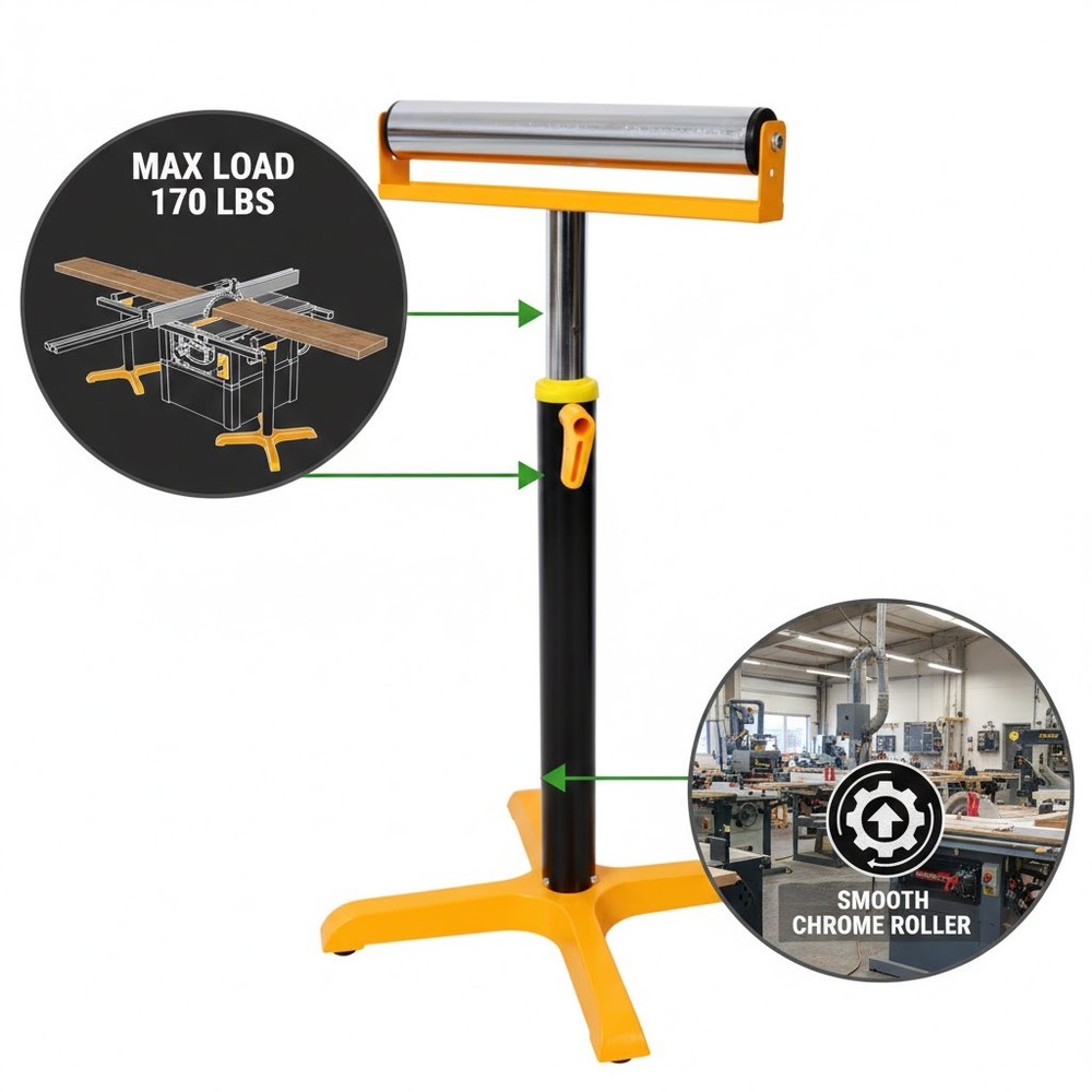 Heavy-Duty Adjustable Roller Stand Material Support for Table Saws 170 lb Yellow