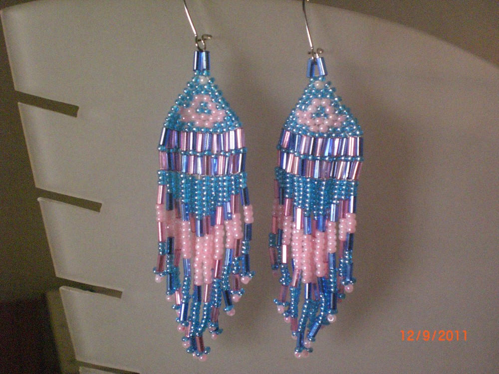 Handmade Beaded Earrings - blue and pink