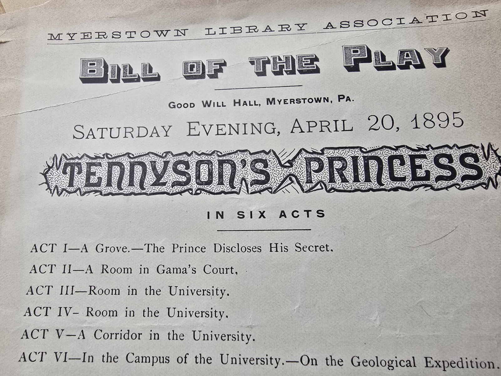 3 antique flyer Playbill 1895 1896 Myerstown PA Good Will Hall Lebanon Tennyson