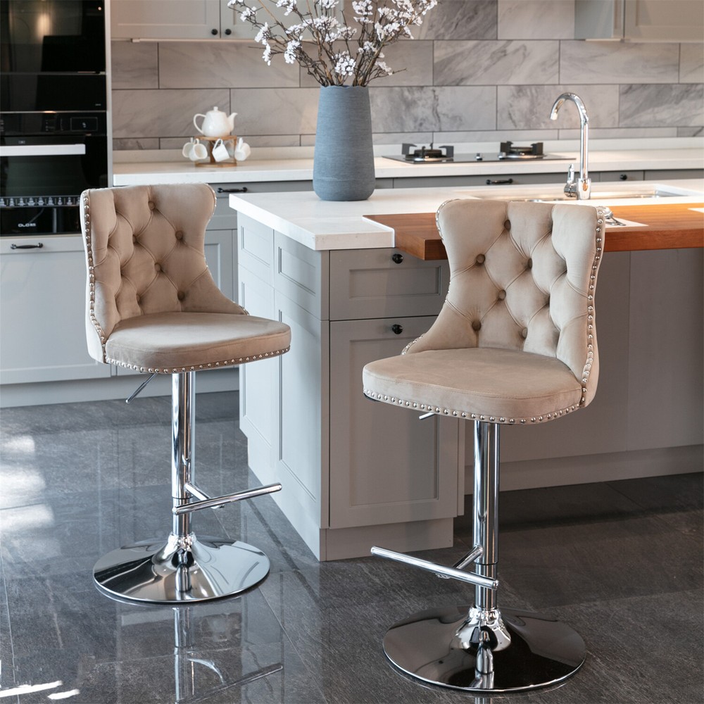 2PCS Velvet Bar Stools Counter Height Adjustable Kitchen Dining Chair US