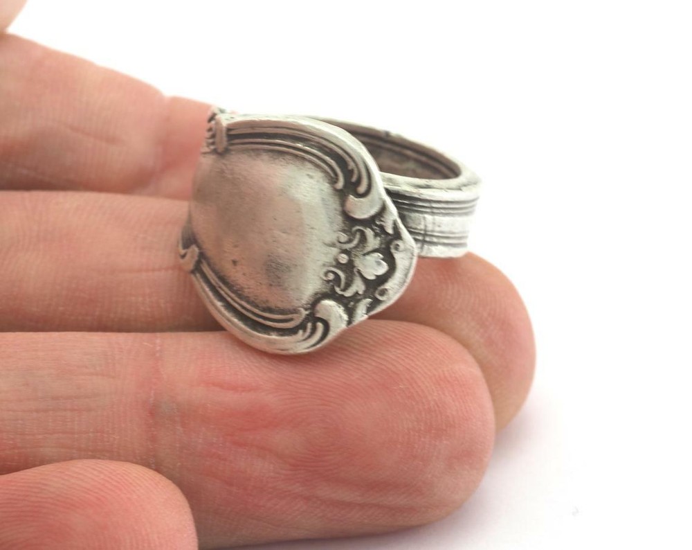 Spoon Ring Flower Patterned Adjustable Ring Antique Silver Plated Brass 7US
