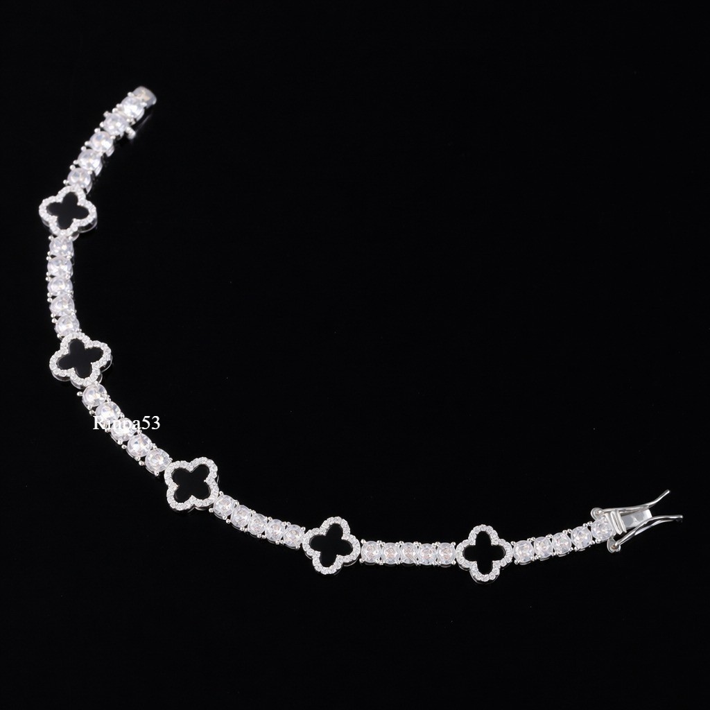 5 CT Lab Created Diamond Black Onyx Clover 925 Sterling Silver Tennis Bracelet