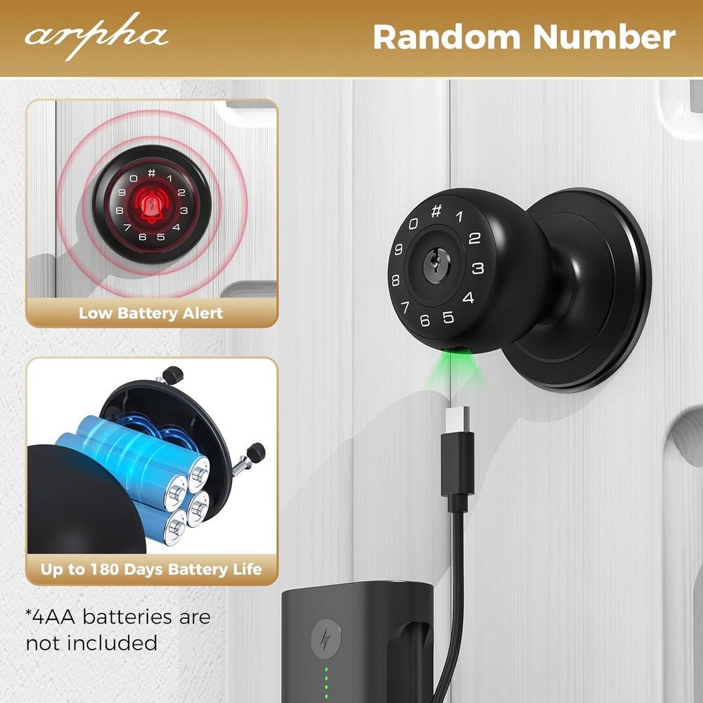 ARPHA Keypad Door Knob 50 Code Keyless Entry Anti-Peeping Password Handle