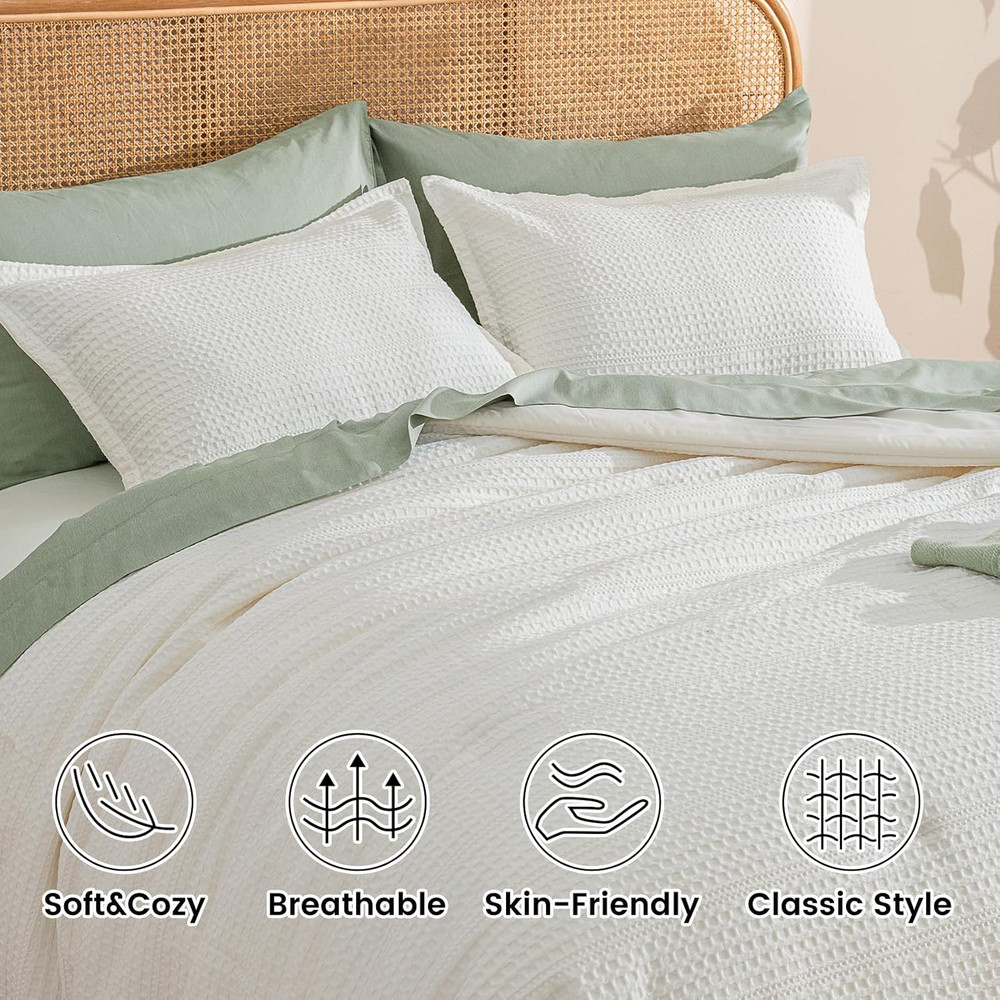 Cream Waffle Weave King Comforter Set - Ultra Soft & Lightweight Bedding