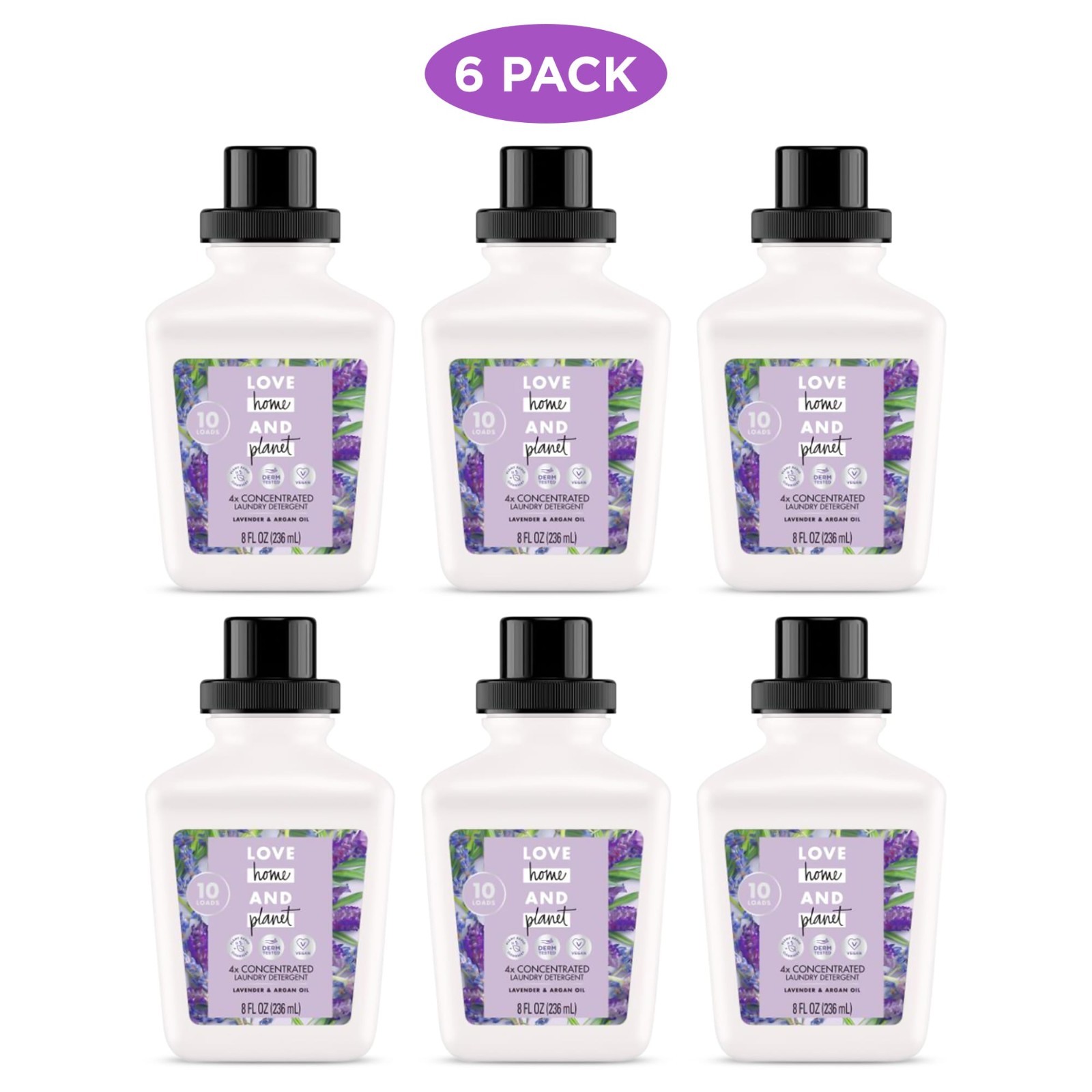 6 pack Love Home And Planet, 4x Concentrated Laundry Detergent, Lavender & Argan