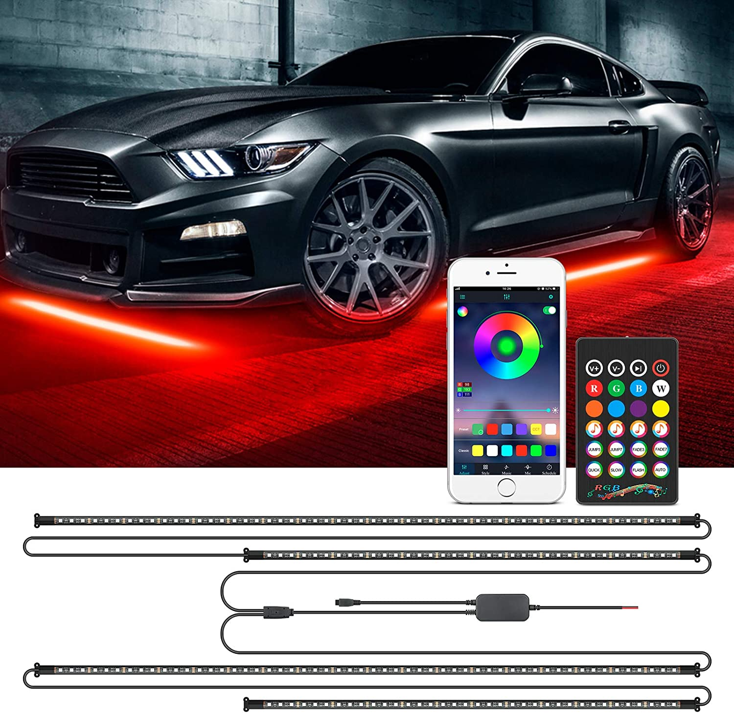RGB LED Remote Strip Under Car Tube Underglow Underbody System Neon Light Kit