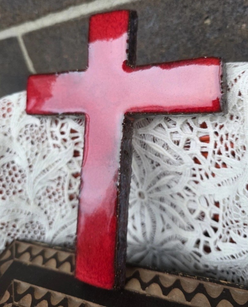 Mid-Century Modern Red Glazed Ceramic Cross