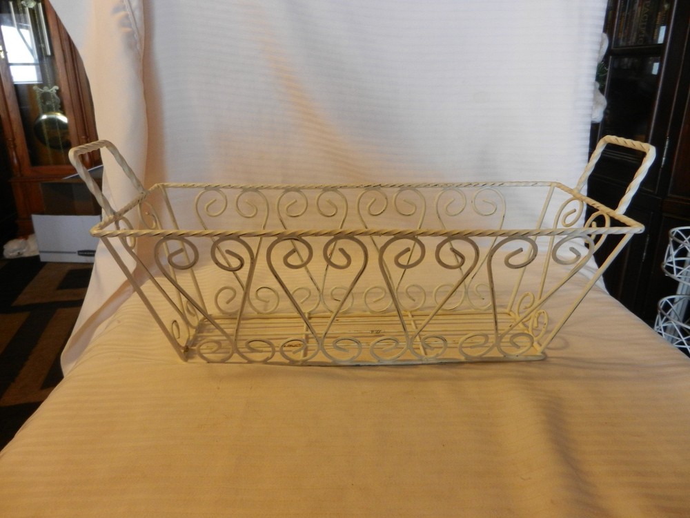 Decorative White Metal Rectangular Basket With Handles, Wire Design