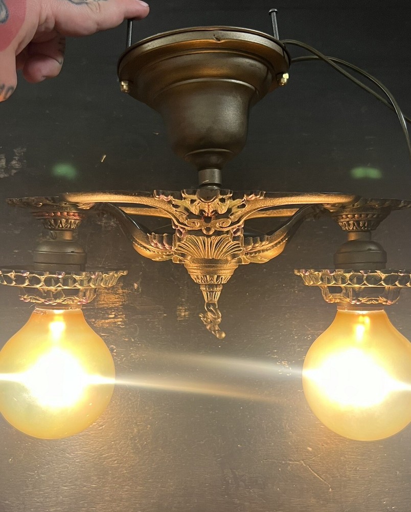 Antique Polychrome Finish Two Socket Semi Flush Mount Fixture Rewired 48F