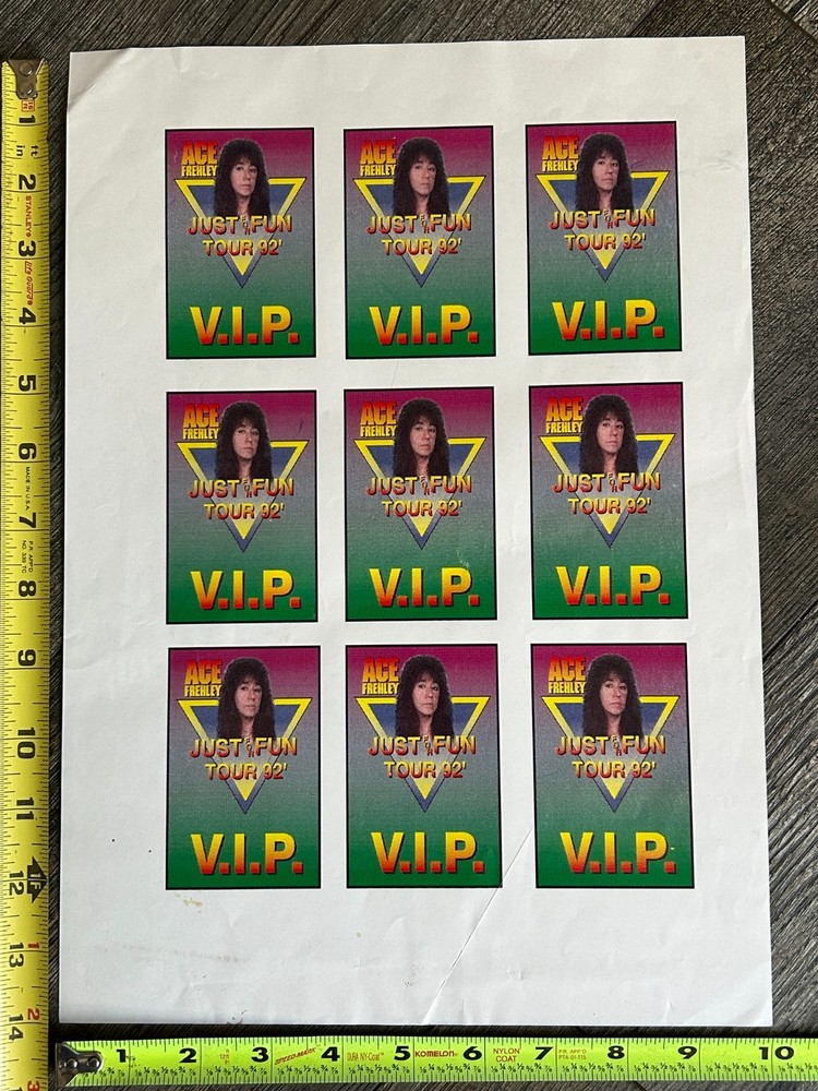Kiss ACE FREHLEY Laminate Pass Uncut VIP Insert Sheet Fun Tour 1992 Vintage Kiss