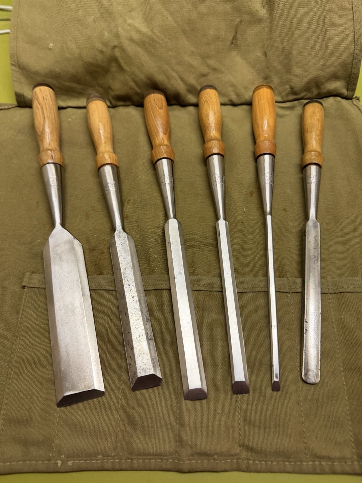 SUPERB 6-pc Set PEXTO vtg Socket Chisels w/MATCHING Handles & CANVAS TOOL ROLLUP