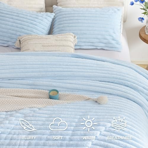 Fluffy Full Size Comforter Sets 3 Pieces - Light Blue Fleece Fluffy Comforter
