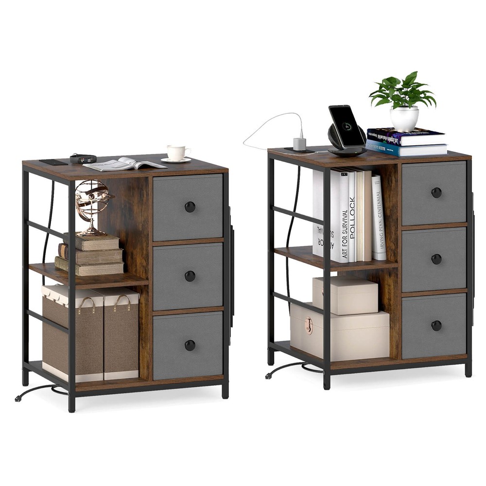 2PCS Nightstand 3-Tier Storage End Table Bedside Table w/Charging Station &