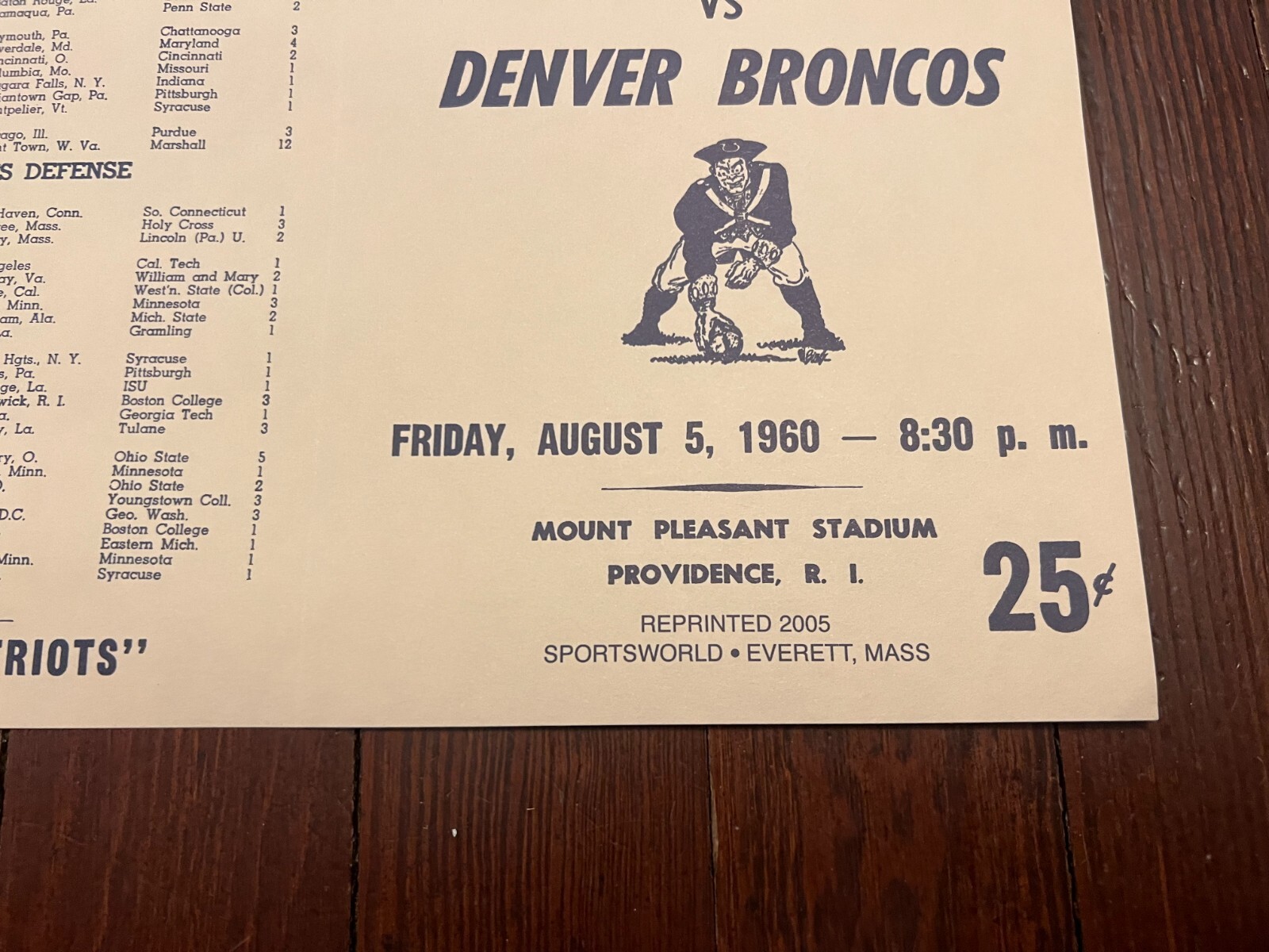 1960 AFL FOOTBALL GAME PROGRAM - DENVER BRONCOS @ BOSTON PATRIOTS REPRINT