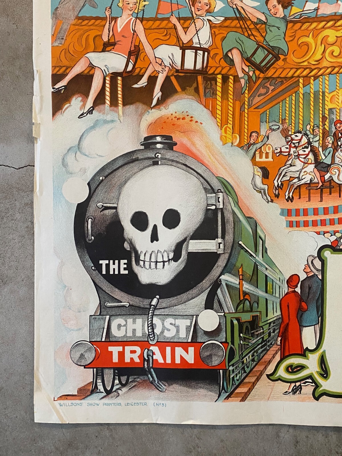 Antique/VTG 30's Carnival Fun Fair Poster, Motorcycle Death Riders, Ghost Train
