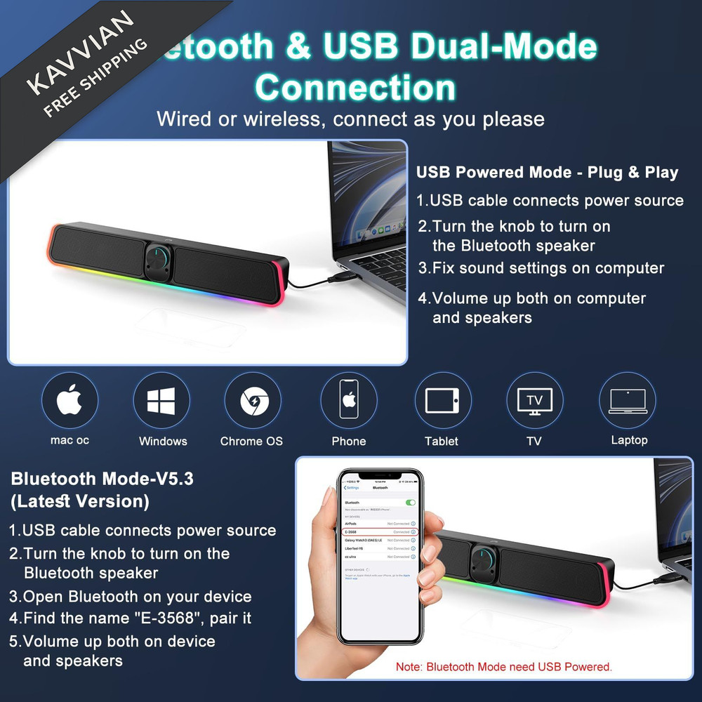 BUSP-HYY Computer Speakers - Wired USB Powered Bluetooth E-3568 Black, Black