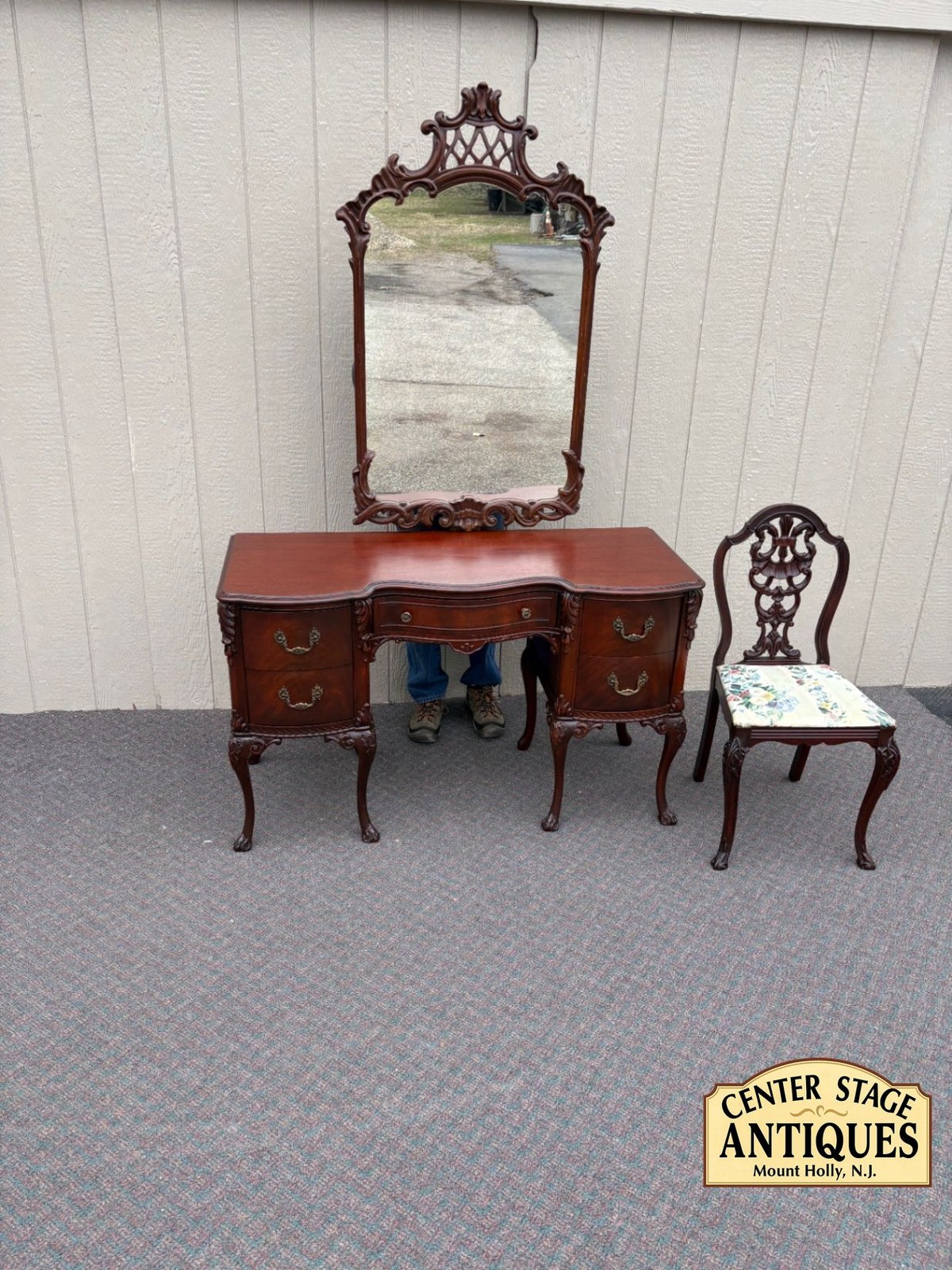 67575 Elegant Mahogany Vanity Set with Ornate Mirror and Chair