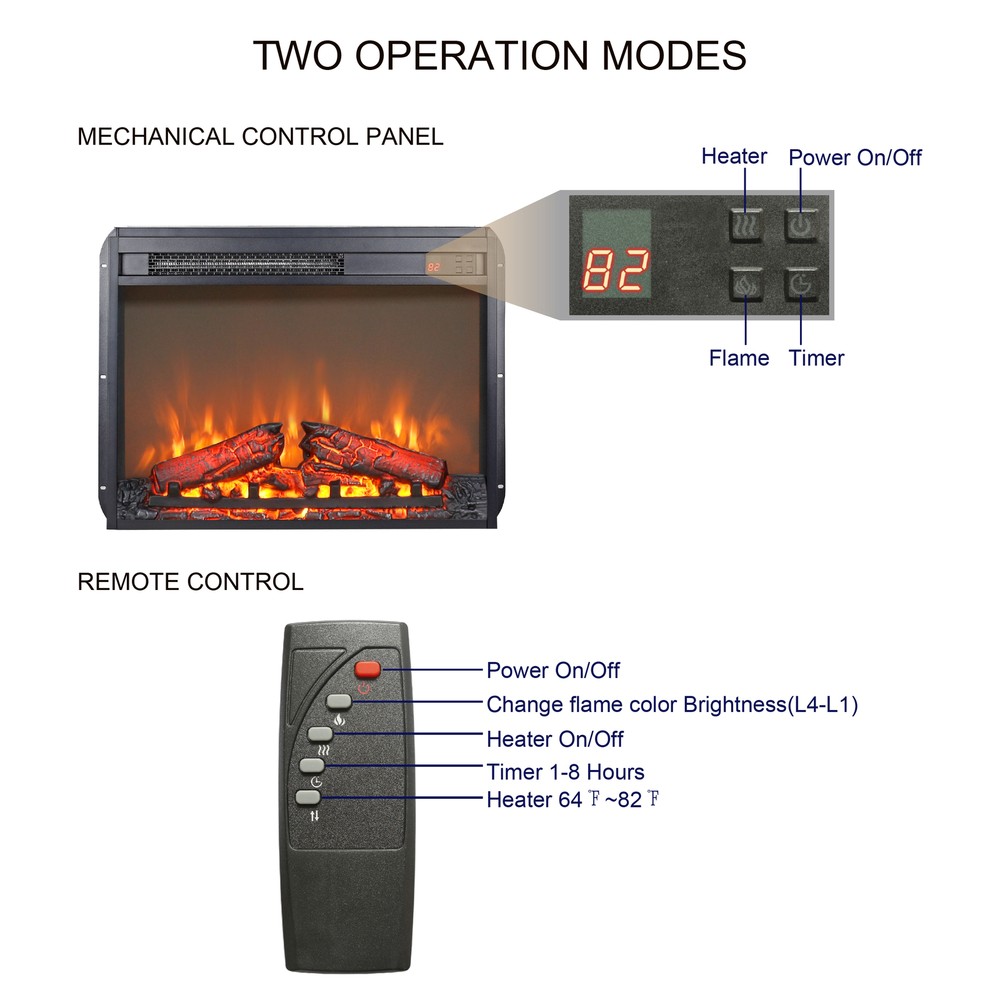 Electric 26" Fireplace Insert Heater Log Flame Effect Timer with Remote Control