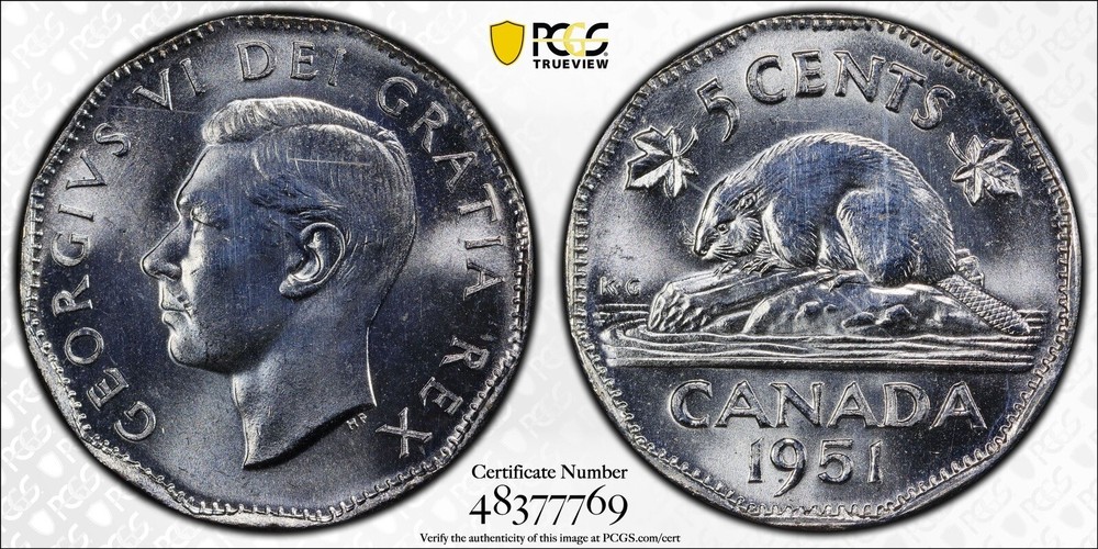 Canada 5 Cents 1951 Low Relief PCGS MS64