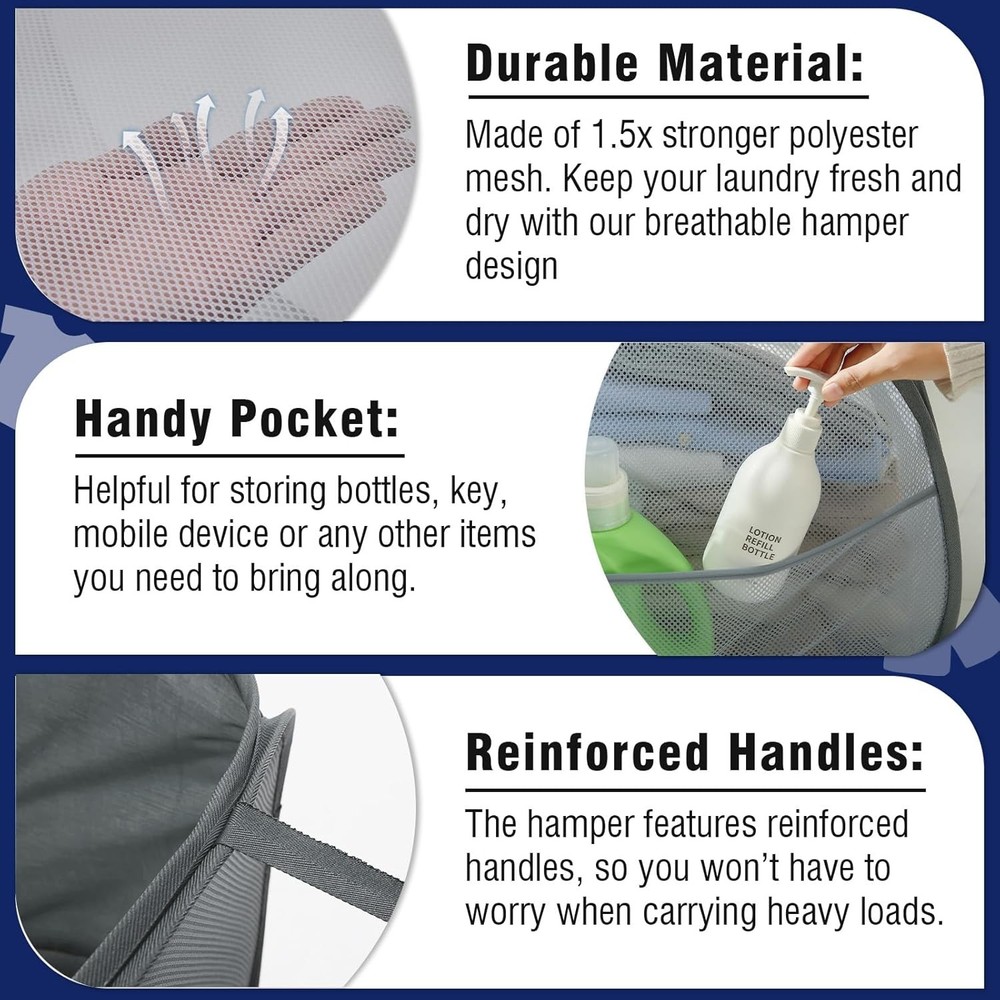 TECHMILLY Collapsible Mesh Pop Up Laundry Hamper with Strong Handles, Large Open