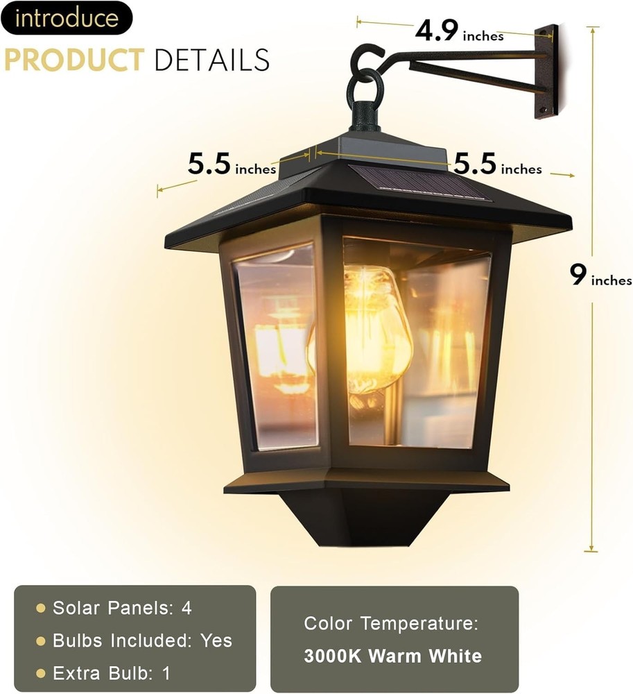 2 Pack Solar Wall Lanterns with Replaceable Bulb, Outdoor Hanging Solar Lights w
