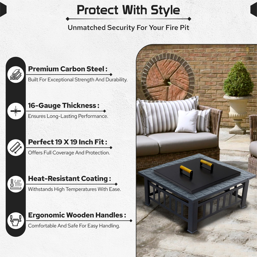 FEBTECH 28" Square Fire Pit Snuffer Lid for 26" FirePit with Wooden Handles