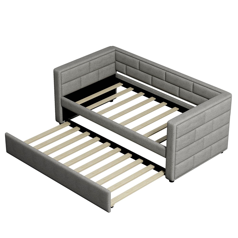 Twin Size Daybed w/ Pull Out Trundle Bed Upholstered Bed Frame Sofa Bed Gray US