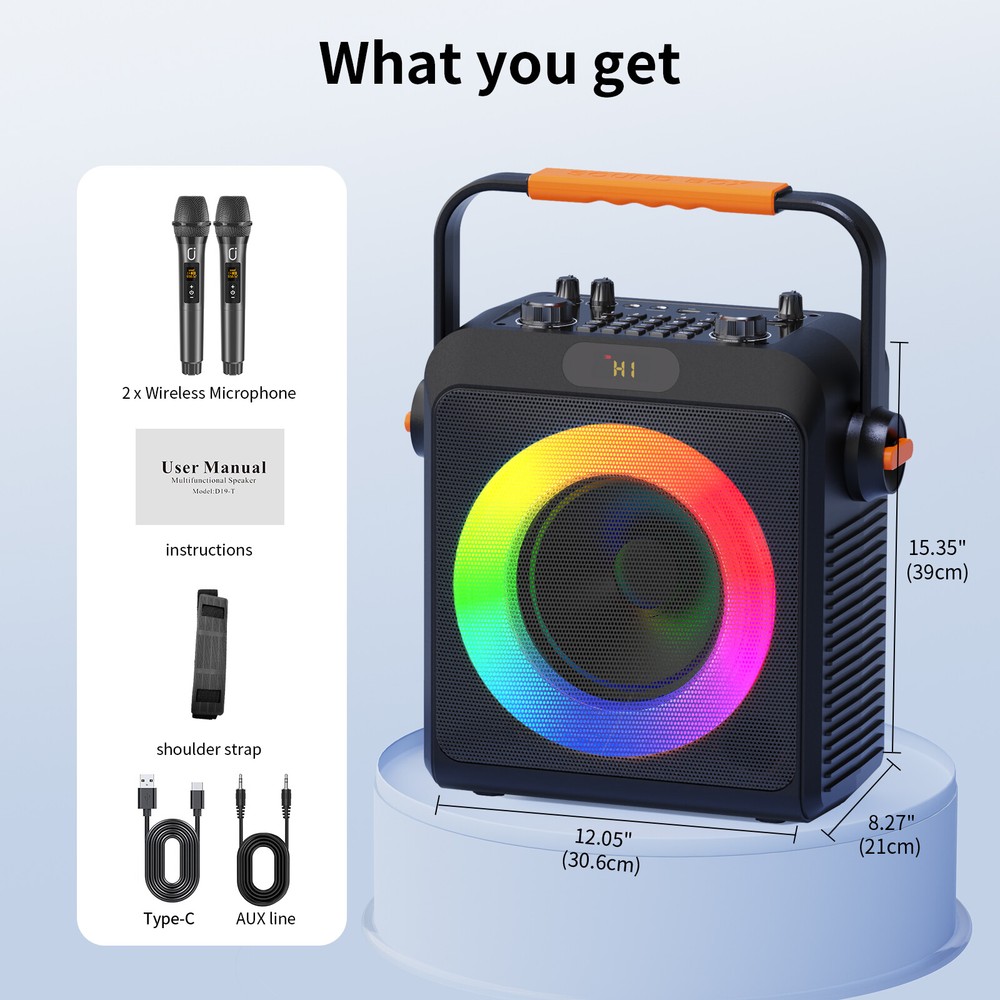 JYX Bluetooth Speaker w/Wireless Microphone +Strap Karaoke Machine Party Speaker