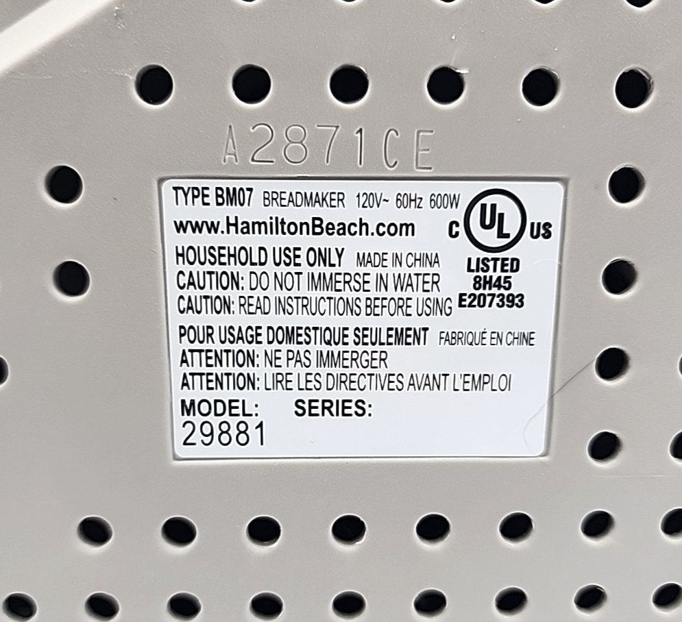 Hamilton Beach Bread Machine HomeBaker 29881 White Tested Complete