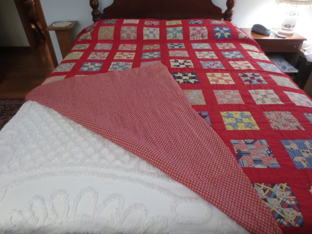 ANTIQUE Modified CROSS & CROWN Cotton PATCHWORK QUILT w/Red Borders - 69" x 84"