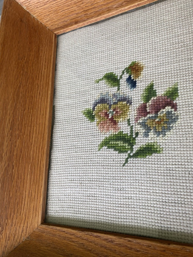 Vintage Needlepoint Canvas Flower Wooden Framed