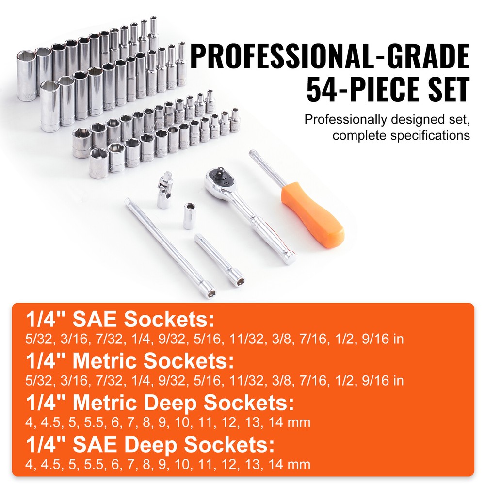VEVOR Socket Set 1/4 Inch Drive Socket and Ratchet Set 6-Point 54 Pcs Tool Set