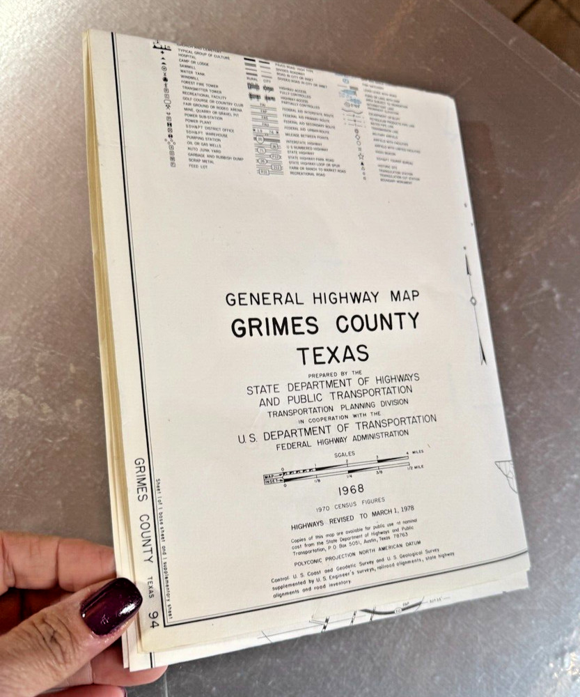 1968 Texas GRIMES County General Highway Map 18" x 25" Folded USDOT 2 Sheets