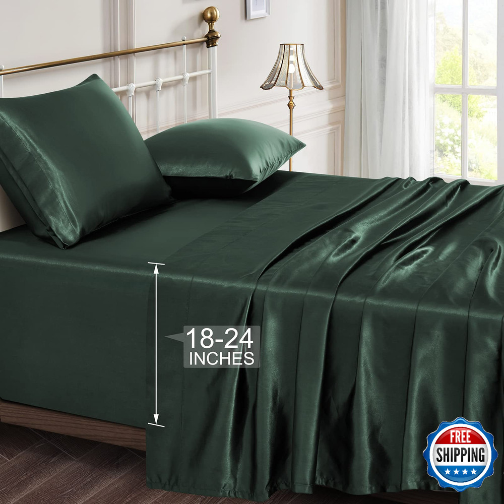 Vonty Queen Satin Sheets - Extra Deep Pocket, 4pc Set, Forest Green