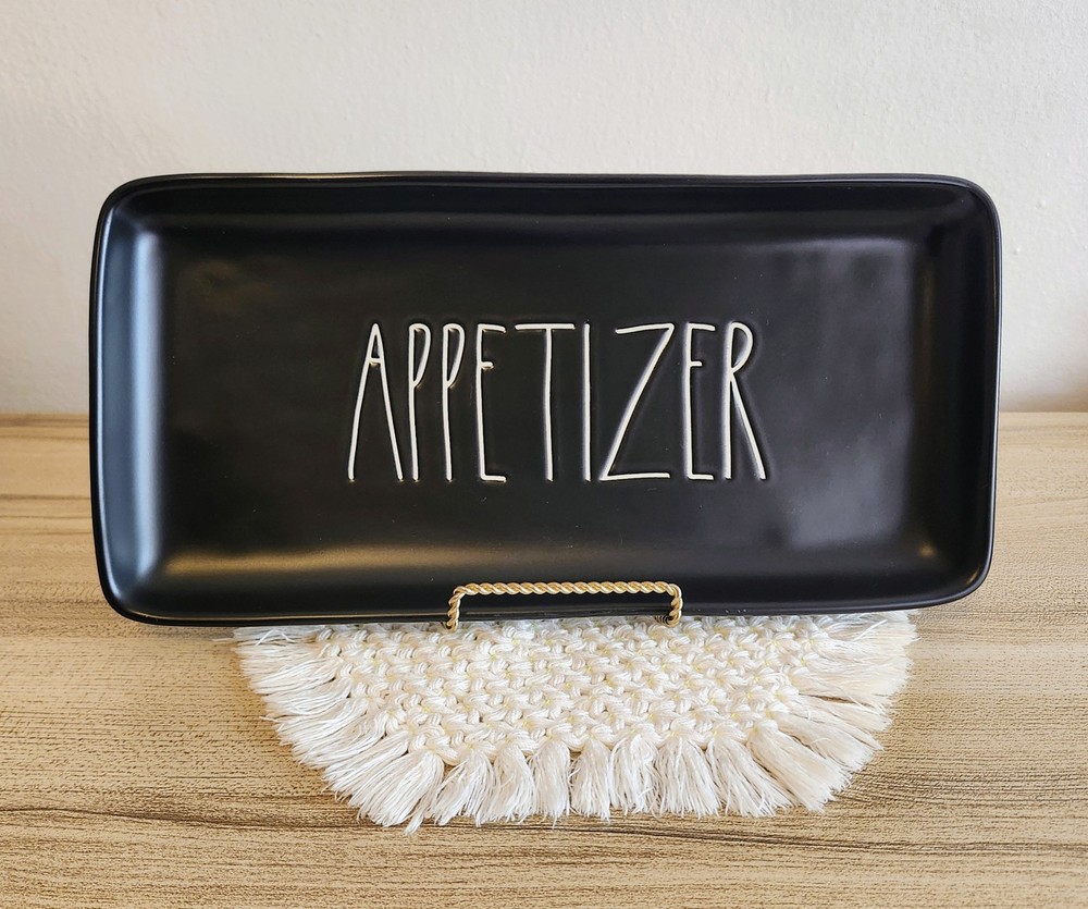 Rae Dunn Appetizer Matte Black Embossed Letters Ceramic Rectangular Serving Tray