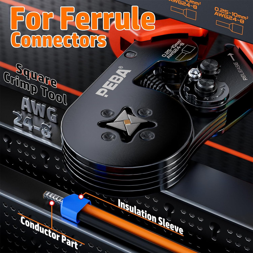 PEBA Ferrule Crimping Tool Kit, Self-Adjusting Square Crimp Pliers for Wire